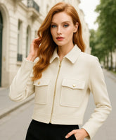 Comprar jaqueta feminina de lã batida branco com zíper dourado e bolsos frontais estilosos para dias frios com elegância ANELLIMN